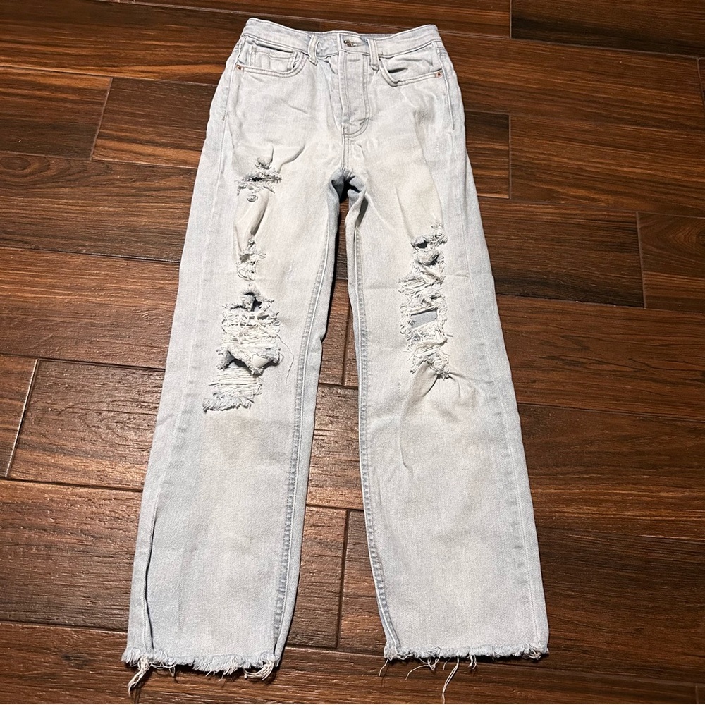 Wild Fable High Rise Straight Jeans 00 Light Wash Distressed Torn